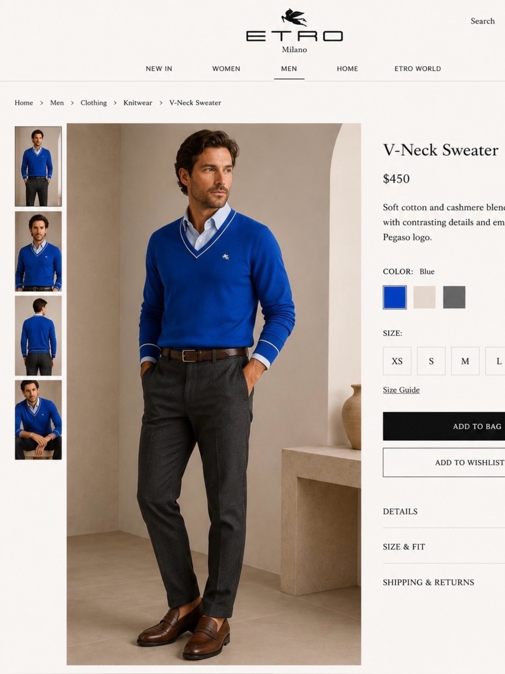 Etro Milano 100% Wool V-Neck Sweater Blue Slim Fit Made in Italy Men’s L Fits M